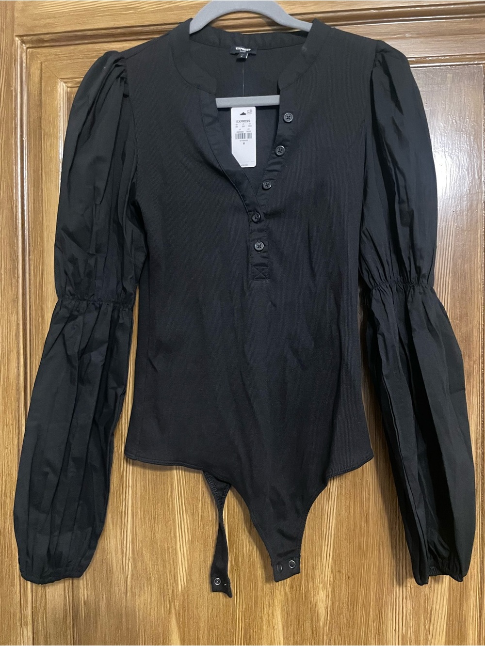 Express Black Puff-Sleeve Henley Bodysuit